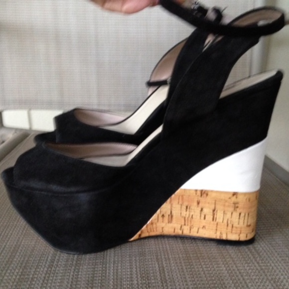 ZARA Black Suede White Cork Platform Wedge Heels - Picture 3 of 9